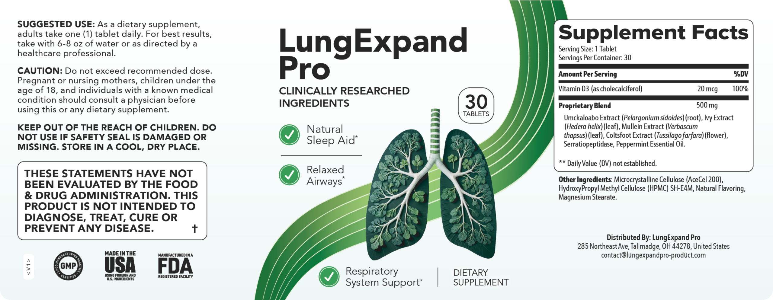 LungExpand Pro supplement facts and ingredient label