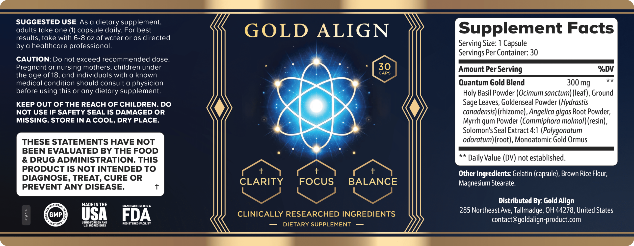 GoldAlign supplement facts and ingredient label