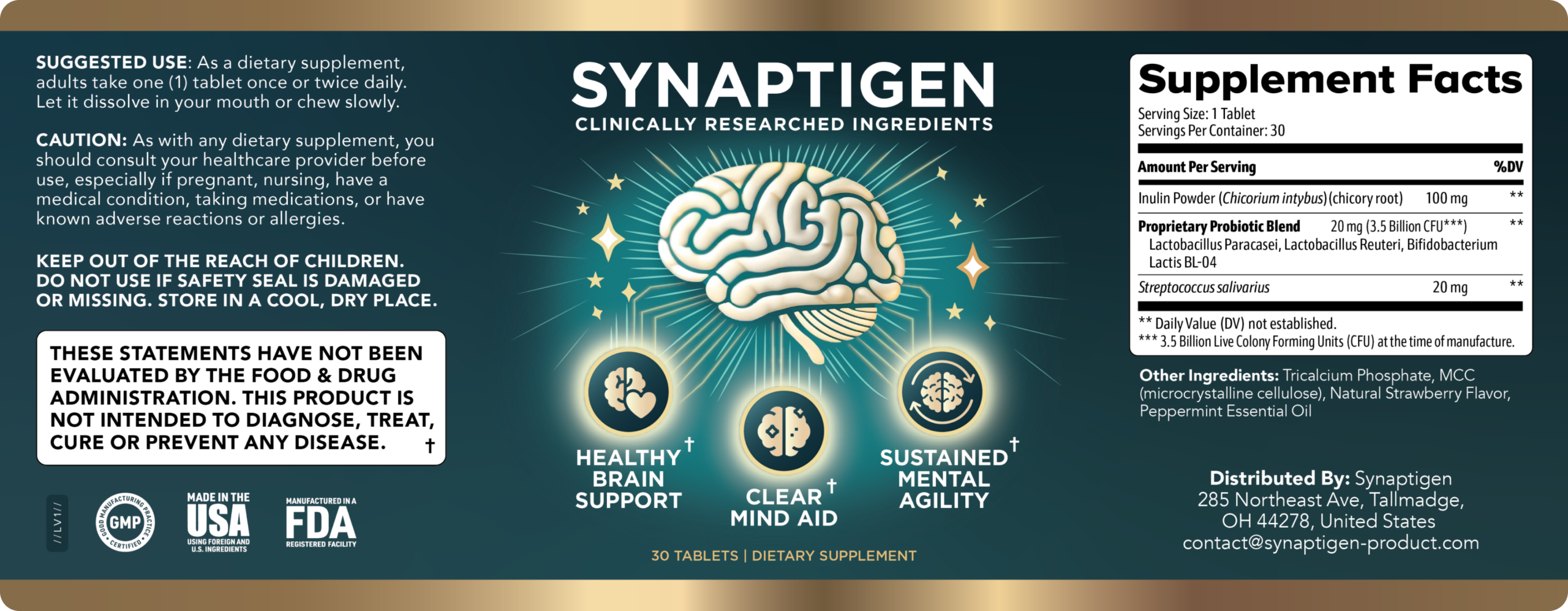 Synaptigen supplement facts and ingredient label