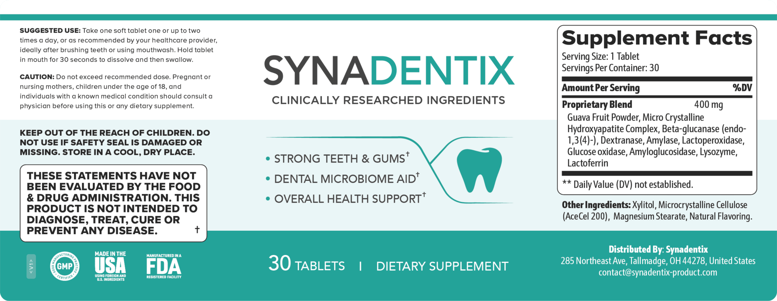 Synadentix supplement facts and ingredient label