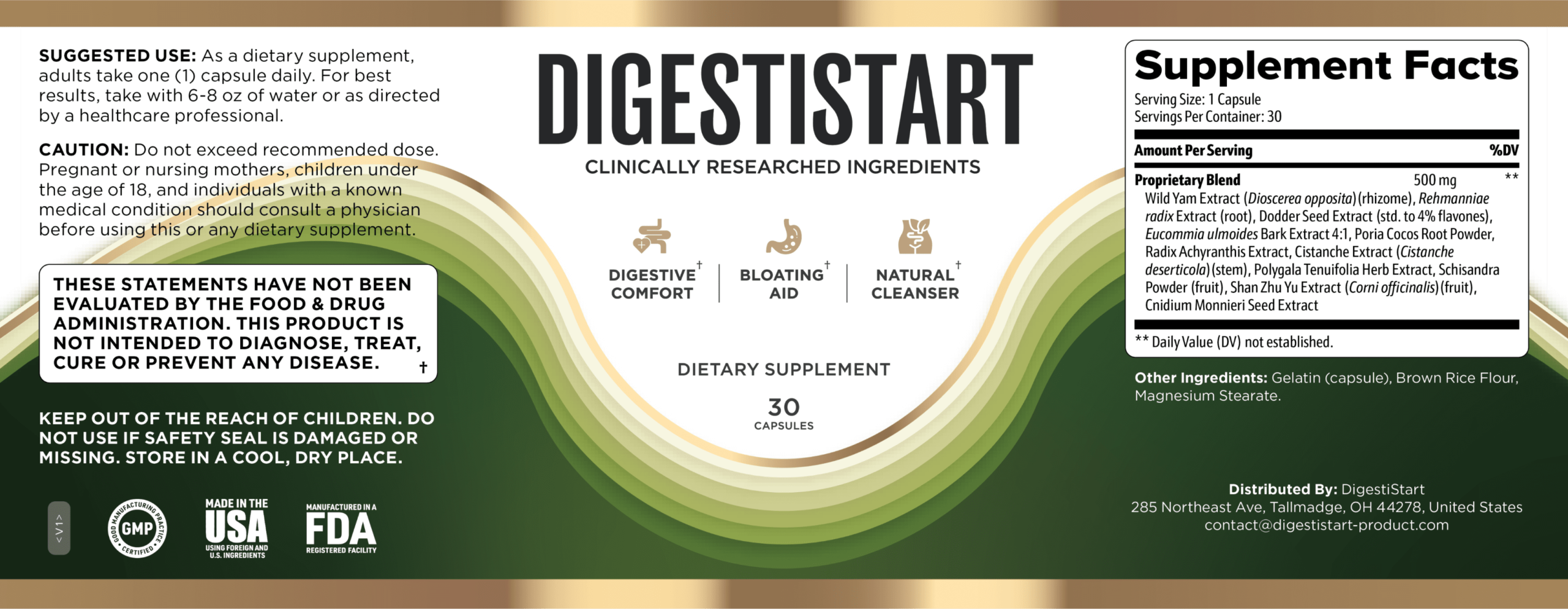 DigestiStart supplement facts and ingredient label